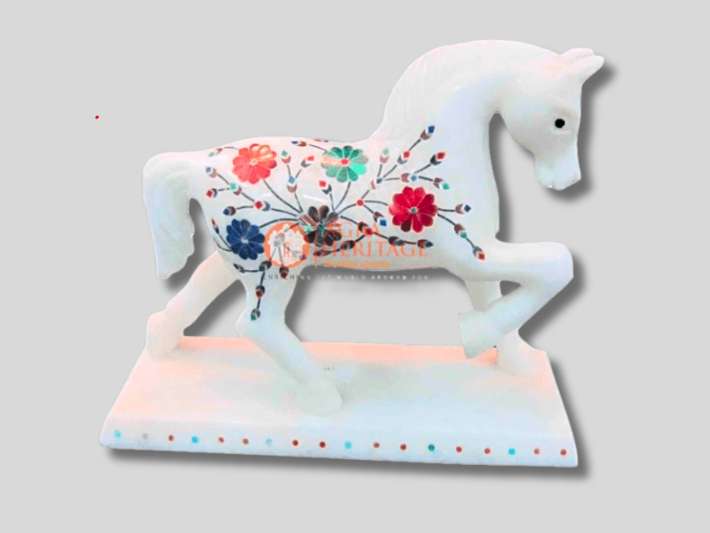 White Marble Horse Inlay Stone Statue for Sale